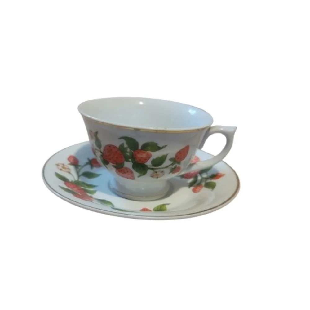 Vintage Teleflora Strawberry Patterned Cup and Saucer Set With Stand Cottagecore